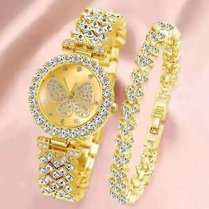 Elegant Gold Butterfly Watch and Bracelet Set